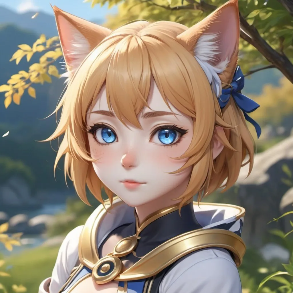 Prompt: anime cat girl, high detail, 4k, nature background, lively, genshin impact style, one eye is blue, the other eye is gold