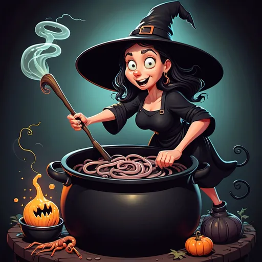 Prompt: A cartoon image of a witch stirring worms in a big black pot