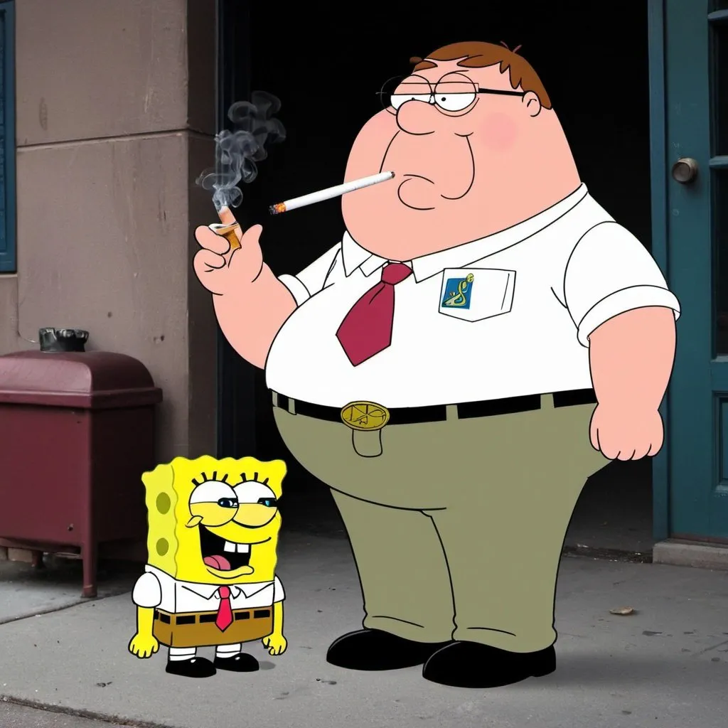 Prompt: peter griffin smoking a cigarette with spongebob