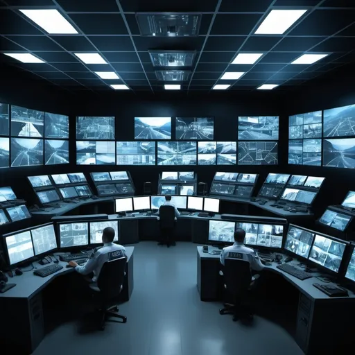 Prompt: Customs gate command control center, CCTV surveillance, high-tech security setup, futuristic control room, detailed monitors displaying multiple camera feeds, professional security personnel, 4k resolution, ultra-detailed, high-tech, futuristic, surveillance, command center, security setup, CCTV, monitors, detailed, professional, futuristic, intense lighting