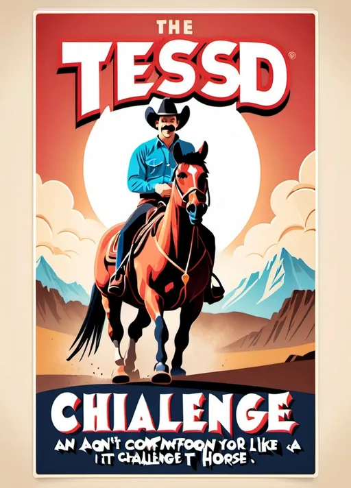 Prompt: Create a 1980s poster for a movie inspired by the Ted Lasso quote, "Taking on a challenge is a lot like riding a horse, isn't it? If you're comfortable while you're doing it, you're probably doing it wrong." The image should have a Western theme and evoke a sense of struggle, determination, and the idea of pushing beyond one's comfort zone. The art style should be inspired by action-oriented Western posters, with a touch of Quentin Tarantino's style – stylized, dynamic, and slightly exaggerated. The central image should be a dynamic shot of a rider with Ted Lasso's signature mustache. The background should be an impressionistic rendering of a Western location. Use a bold and vibrant color palette with contrasting colors. Consider adding a weathered, vintage texture to the entire image to enhance the Western and movie poster aesthetic