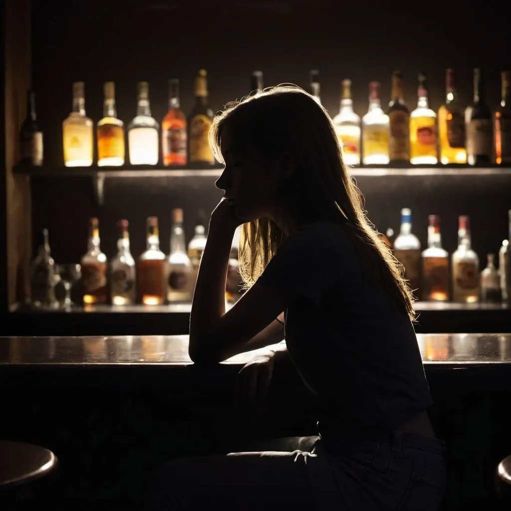 Prompt: Silhouette of a teenage girl sitting alone at a bar at night
