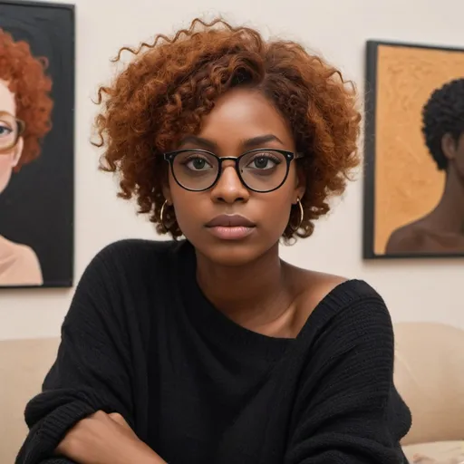 Prompt: a dark skinned woman with slanted almond shaped eyes, and short curly ginger hair. Sitting in a sand colored room with abstract paintings on the wall behind her. She's wearing black rimmed glasses and an oversized black sweater exposing one bare shoulder.