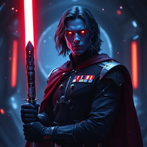 Prompt: Visualize a striking scene featuring a blue-skinned male figure, his medium length hair, each strand shimmering in the ambient light. His intense red sclera and glowing crimson eyes exude an aura of power and authority, reflecting the starry expanse around him. Dressed in a sleek, black imperial military uniform reminiscent of the Star Wars universe, polished with sharp, silver accents and a red cape, he stands confidently. There are red and blue officer squares on his chest. In one strong hand, he grips a formidable red lightsaber spear, the blade’s light pulsating with energy, the hilt is a long silver handle with a black leather grip. Surrounding him is a backdrop of a dimly lit starship command deck, bathed in cold blue and stark red LEDs, there is a viewport with a large window out into space, enhancing the mood of impending conflict and advancement in this cinematic dark fantasy setting. Suggested style: cinematic lighting, dark fantasy concept art.