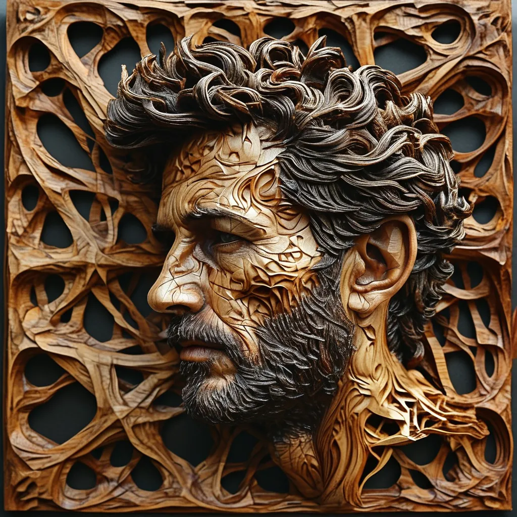 Prompt: molecular structure approximation woodcarving Carved frame full body man merged