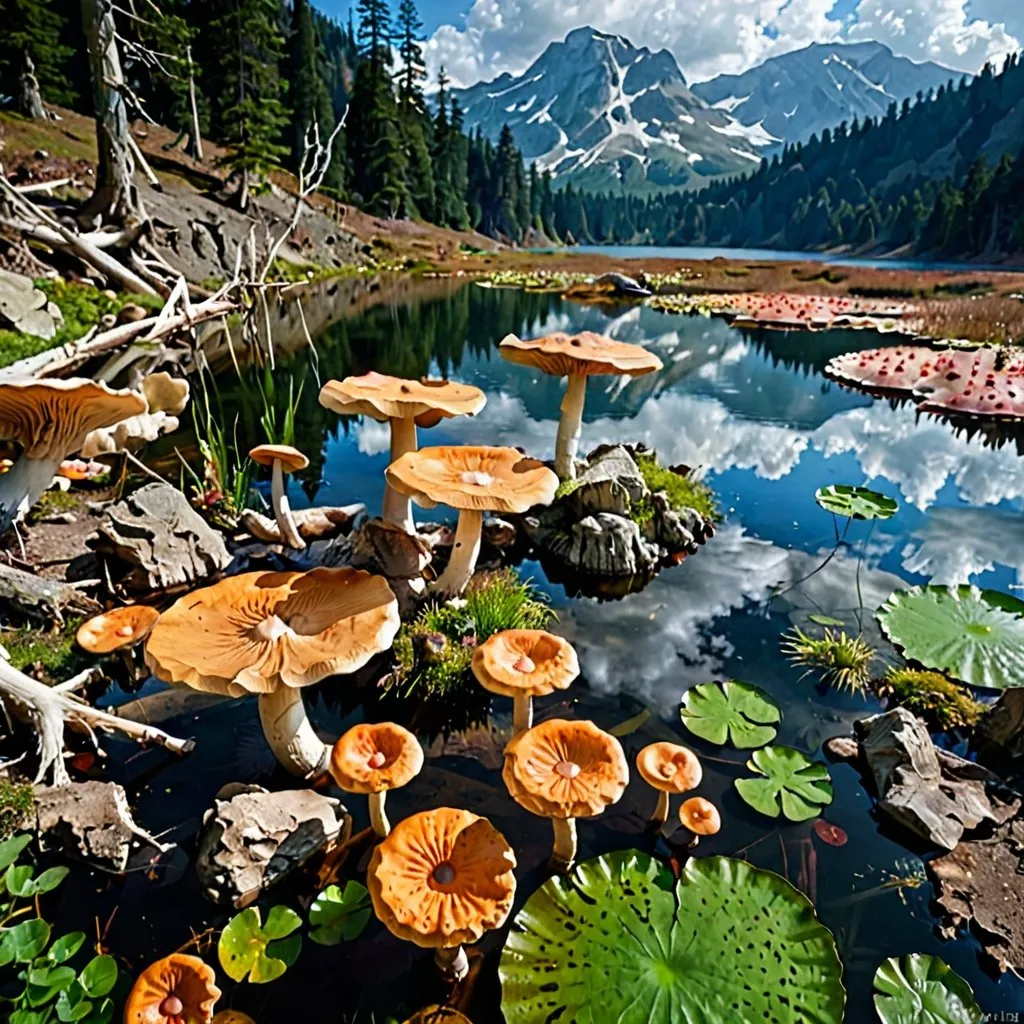 Prompt: lake, mountain, pond, beautiful, scenery, landscape giant fungi