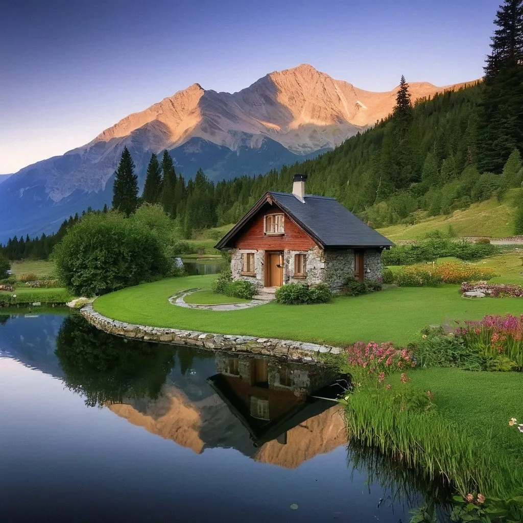 Prompt: lake, mountain, pond, beautiful, scenery, small cottage