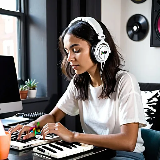 Prompt: Woman in her 20s wearing headphones and planning new midi music as a machine