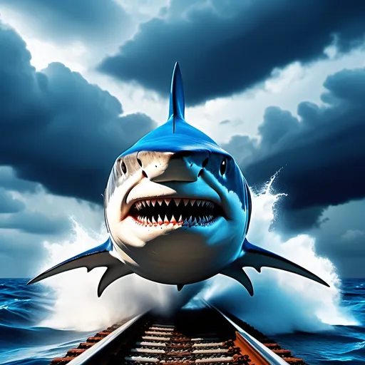 Prompt: train with a shark's head, (oceanic theme), high-speed, powerful design, (vibrant blue colors), dramatic scenes of motion, fierce expression, dynamic poses, twisting tracks below, sky filled with storm clouds, adventurous atmosphere, ultra-detailed, 4K resolution, modern twist on marine life, imaginative conceptual art.