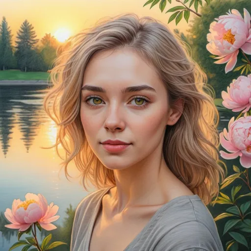 Prompt: drawn on paper with colored pencils and ink, thin contour lines, high quality, detailed facial features, realistic, cozy atmosphere: Portrait of a young woman in a park against the backdrop of a lake and sunset, yellow sunlight shining through her hair. trees and blooming peonies around