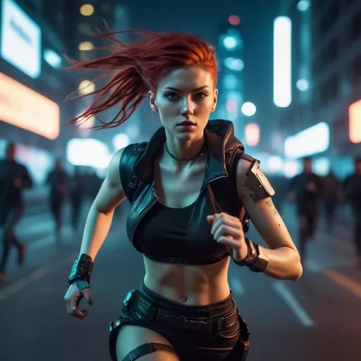 Prompt: red haired girl, cyberpunk warrior, running through a a city at night, motion blur, high resolution, 4k, full body, cinematic look