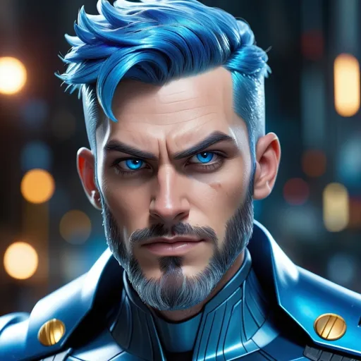 Prompt: Handsome transman with bright blue hair and beard stubble, metallic and blue supervillain costume, intense and confident expression, 4k, ultra-detailed, superhero, sci-fi, cool tones, futuristic lighting, metallic sheen, detailed facial features, high-quality rendering, powerful presence