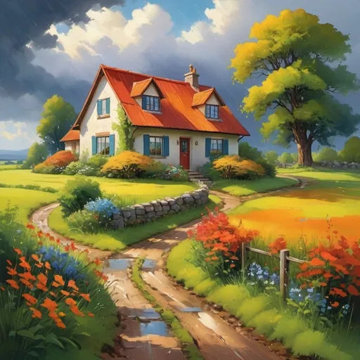 Prompt: Create a landscape of a serene countryside scene during a gentle summer rain. A cozy cottage with a red roof is nestled near a large, lush green tree. The sky is filled with dramatic, billowing clouds in vibrant shades of orange and yellow, illuminated by sunlight breaking through, creating a striking contrast with the dark blue rain clouds. A narrow, winding path leads to the cottage, bordered by wildflowers in bright red and orange hues, and rich green grass, Small puddles form from the rain along the path.
The overall atmosphere is peaceful and picturesque, with a harmonious blend of nature and tranquility, depicted in highly saturated colors to enhance the vividness and charm of the landscape.