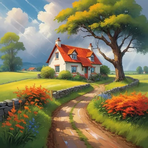 Prompt: Create a landscape of a serene countryside scene during a gentle summer rain. A cozy cottage with a red roof is nestled near a large, lush green tree. The sky is filled with dramatic, billowing clouds in vibrant shades of orange and yellow, illuminated by sunlight breaking through, creating a striking contrast with the dark blue rain clouds. A narrow, winding path leads to the cottage, bordered by wildflowers in bright red and orange hues, and rich green grass, Small puddles form from the rain along the path.
The overall atmosphere is peaceful and picturesque, with a harmonious blend of nature and tranquility, depicted in highly saturated colors to enhance the vividness and charm of the landscape.