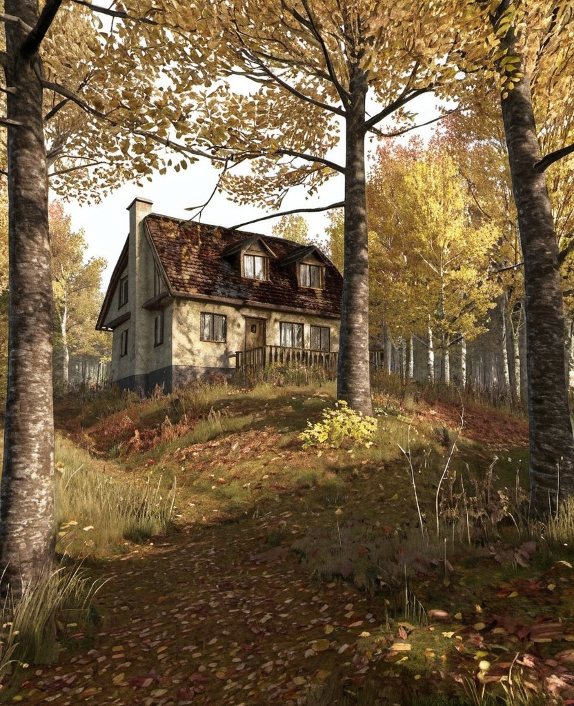 Prompt: photorealistic image of a detailed, medium sized 
cottage core house within an autumnal forest scene, ressembling the forest envoiromnent from "Resident Evil 4 Remake" with its afternoon setting.