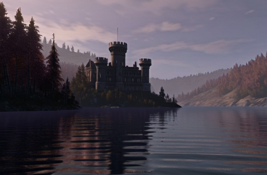 Prompt: photorealistic image of a detailed, sunken castle in the middle of a Lake  in an autumnal forest scene.