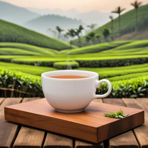 Prompt: A plain  tea cup in a wooden board with a background of tea estatE