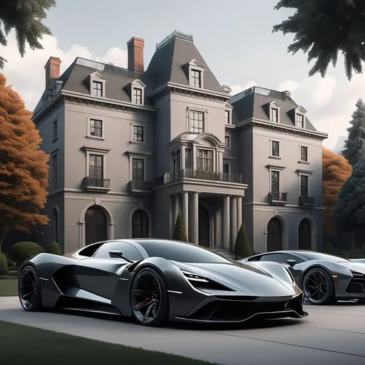Prompt: a mansion and fast cars parked out from young black man in a tech suit as the inventor, grey and atumun season