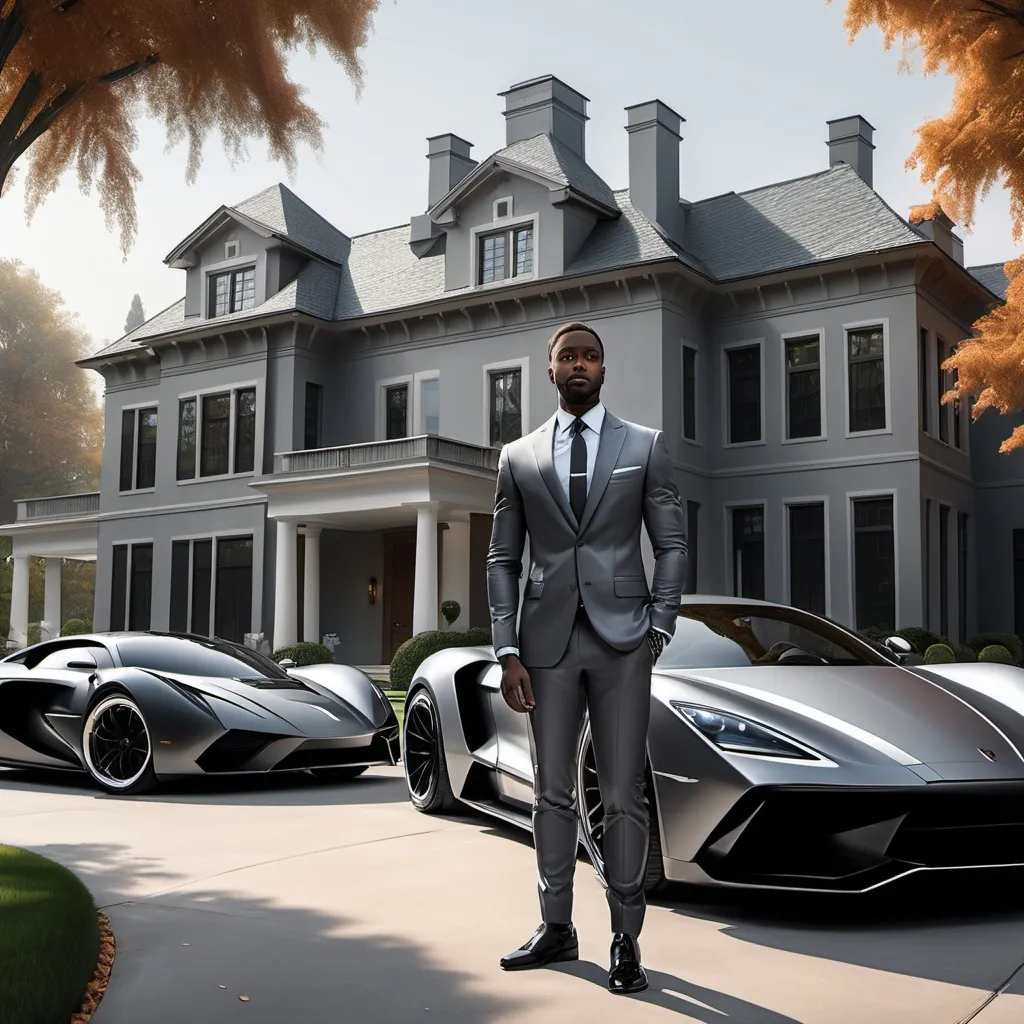 Prompt: a mansion and fast cars parked out from young black man in a tech suit as the inventor, grey and atumun season