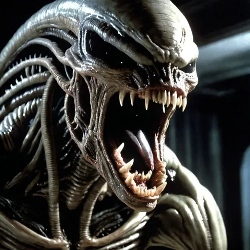 Prompt: The monster from Alien 8 movie. Scary scene where it opens the mouth and the other head comes out.