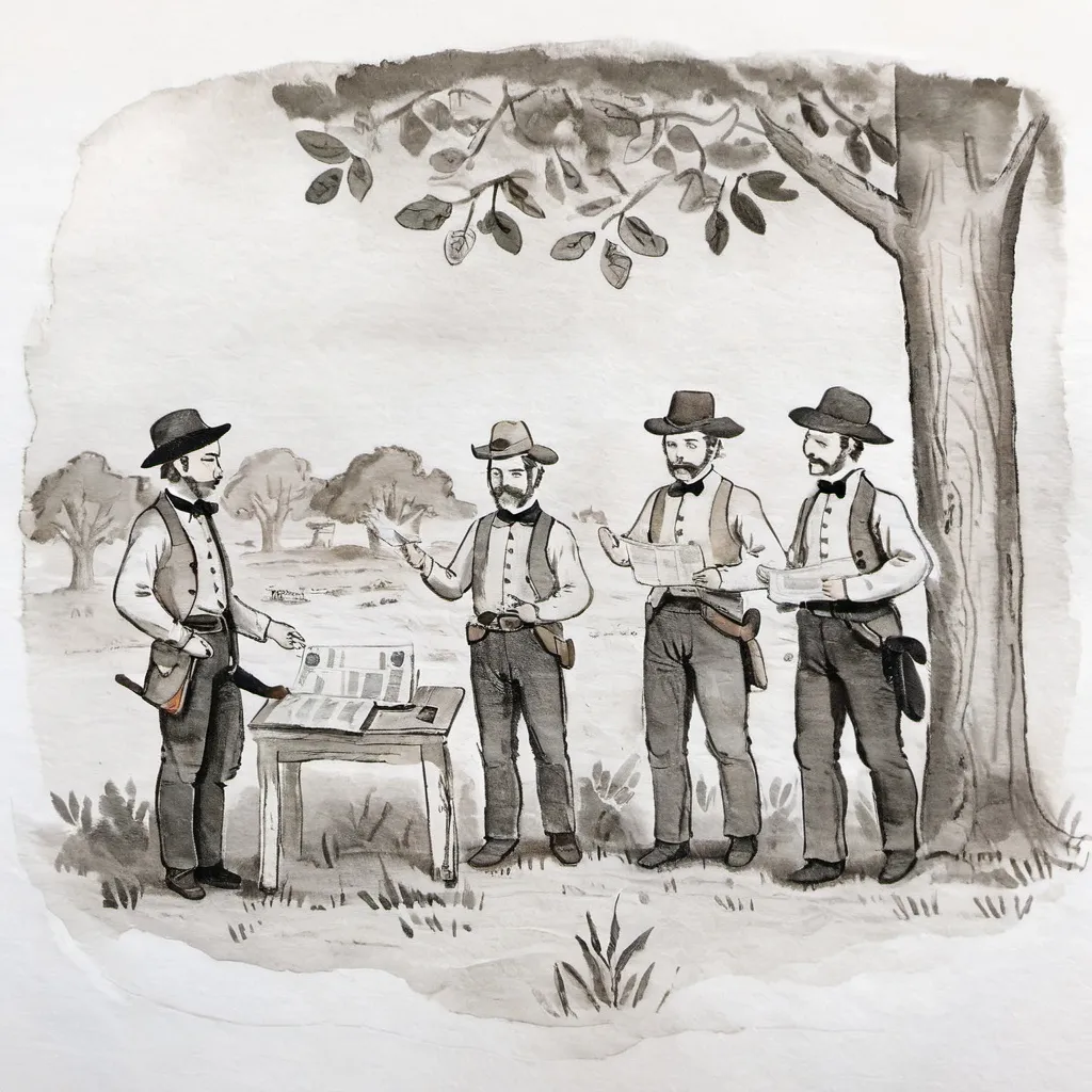 Prompt: black and white sketch images, that show 5 men buying land in 1852 at Arkansas Post for $85.