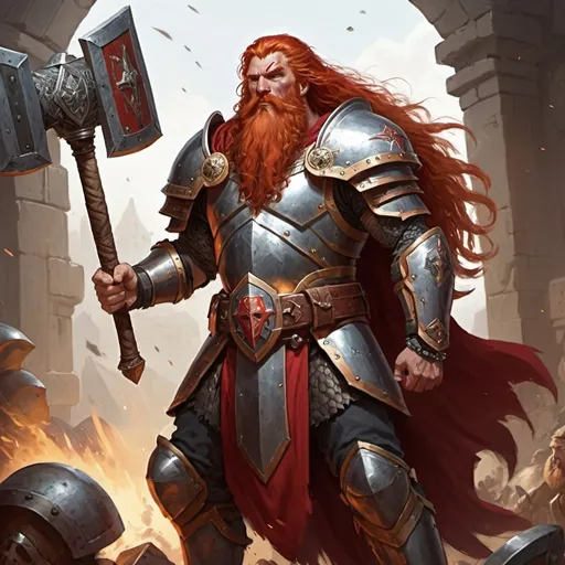 Prompt: A large paladin with long red hair and a long beard wielding a war-hammer and a shield wearing a bracelet on his left arm 