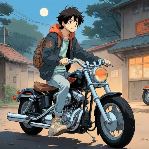 Prompt: 2d studio ghibli anime style,boy of 19 years old sitting on a cool harley Davidson bike, anime scene