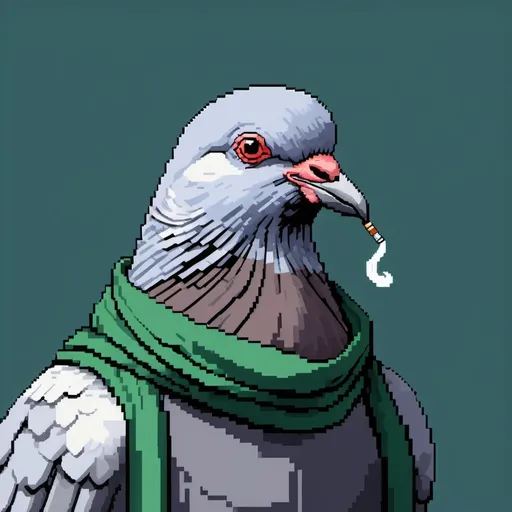 Prompt: a 32BIT pixel art picture of a greyish blue pigeon with a cigarette in its mouth and a green scarf around its neck, Dan Content, pixel art, rpg portrait, pixel art