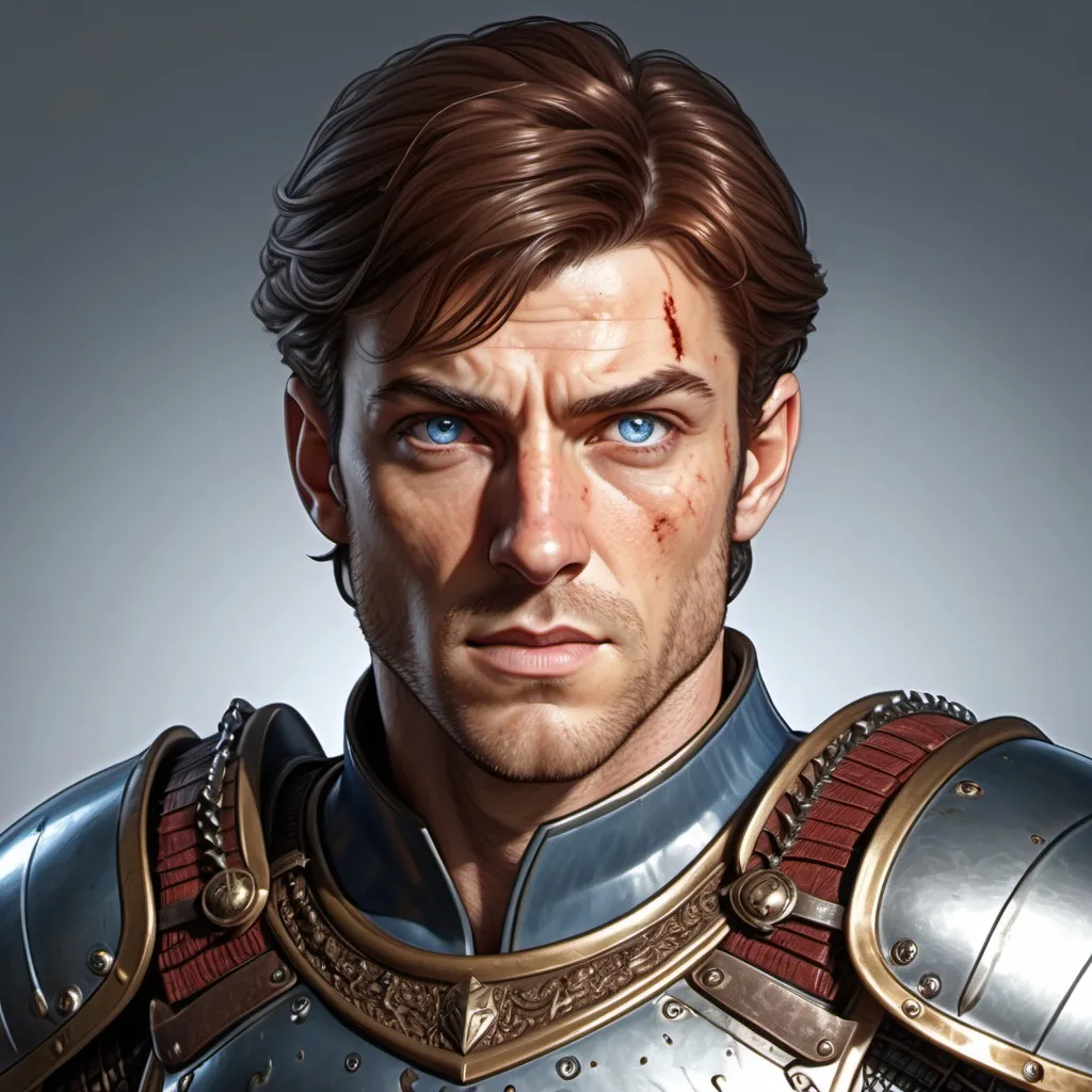 Prompt: (rugged male human fighter), neutral regular expression, (prominent scar caused by a sword) from halfway down brow to above the right eye continued on the cheek, (different coloured eyes) right iris red, left iris blue, rugged (brown hair), adorned in intricately designed (breastplate armor) with metallic sheen, dynamic pose exuding strength and leadership, (ultra-detailed) illustration, (high quality) shading.