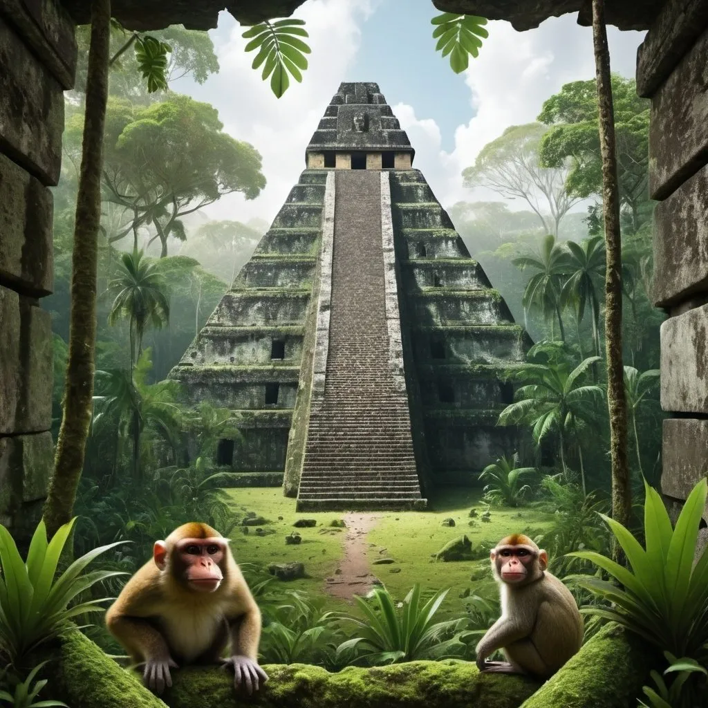 Prompt: create an image of a dense tropical forest where there is an ancient stone Mayan pyramid with mosses and a small monkey watching the pyramid