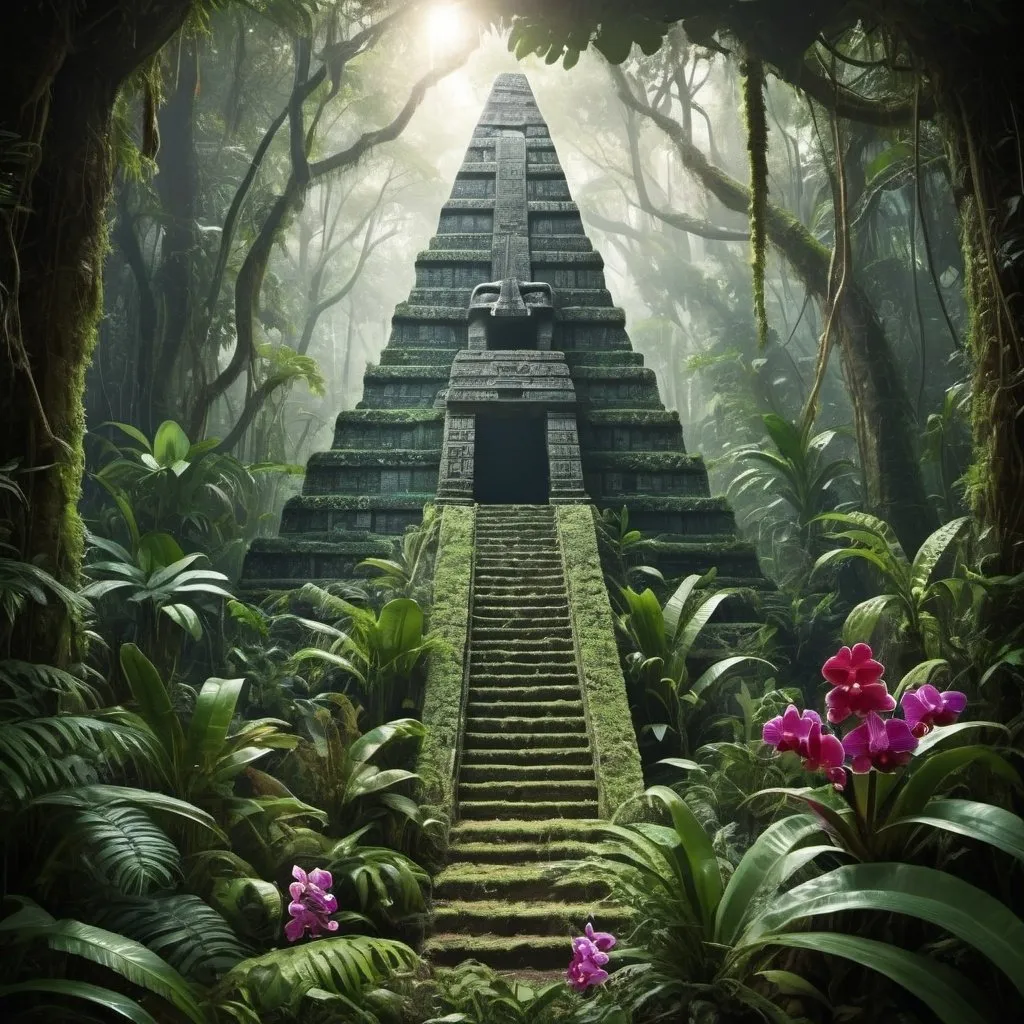 Prompt: create an image of a dense tropical forest where there are also orchids, ferns, mosses, rubber trees and a Mayan pyramid and a jaguar hidden in the vegetation