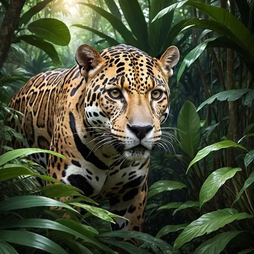 Prompt: create an image of a jaguar, not very prominent, hunting in the middle of dense tropical vegetation
