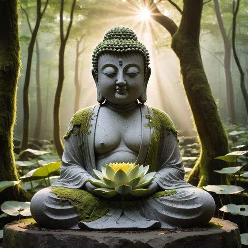 Prompt: Make a figure of a Buddha statue in highly textured granite encrusted with moss, with a lotus flower in hand. In a humid forest at dawn where you can watch the sunlight through the trees with an air of tranquility
