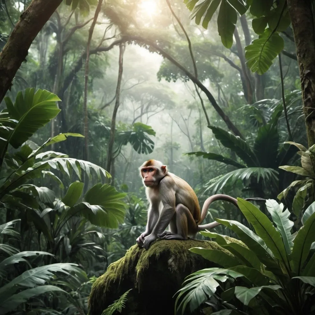 Prompt: create an image of a dense tropical forest where there is a monkey