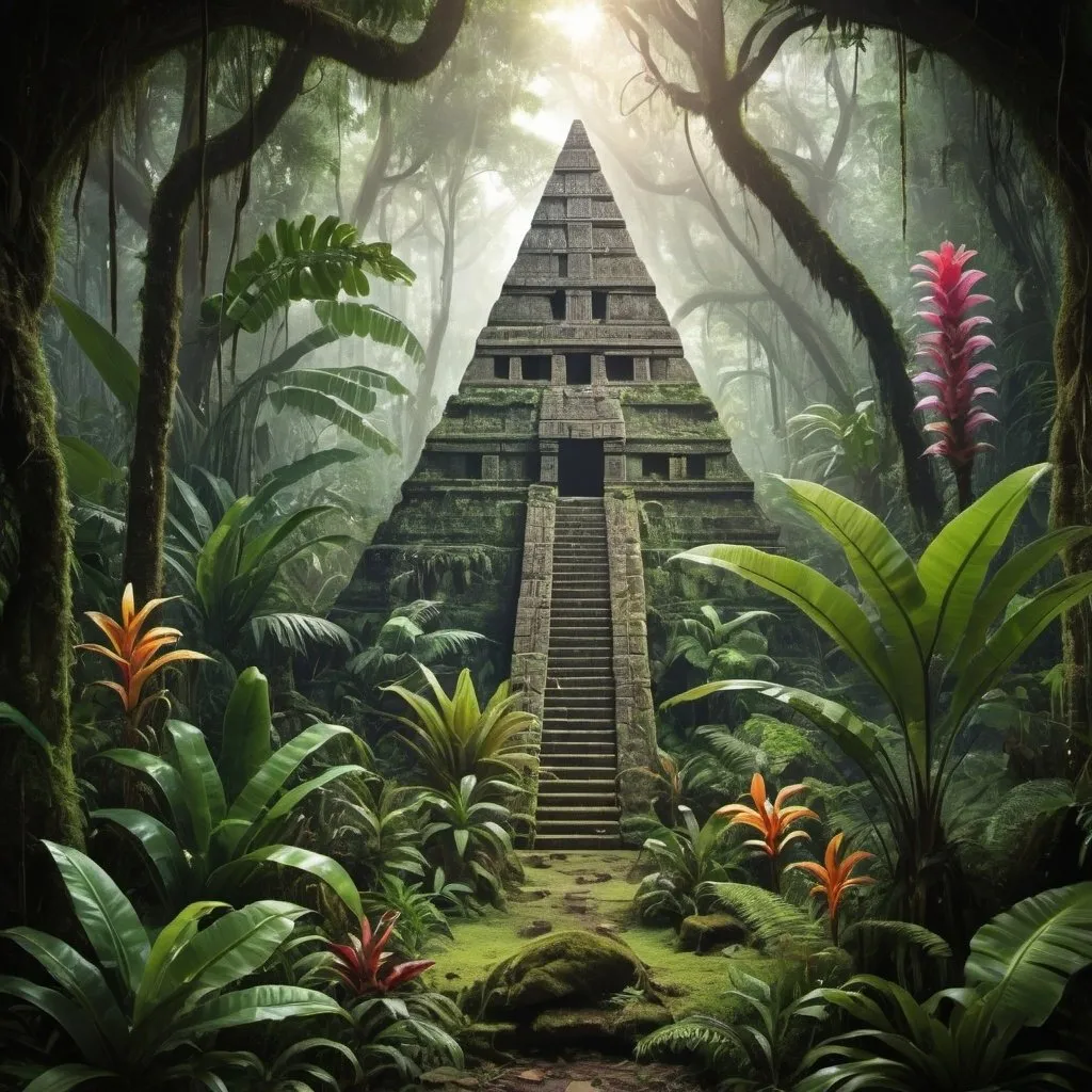 Prompt: create an image of a dense tropical forest where there are monkeys, orchids, ferns, mosses, rubber trees, bromeliad and a Mayan pyramid