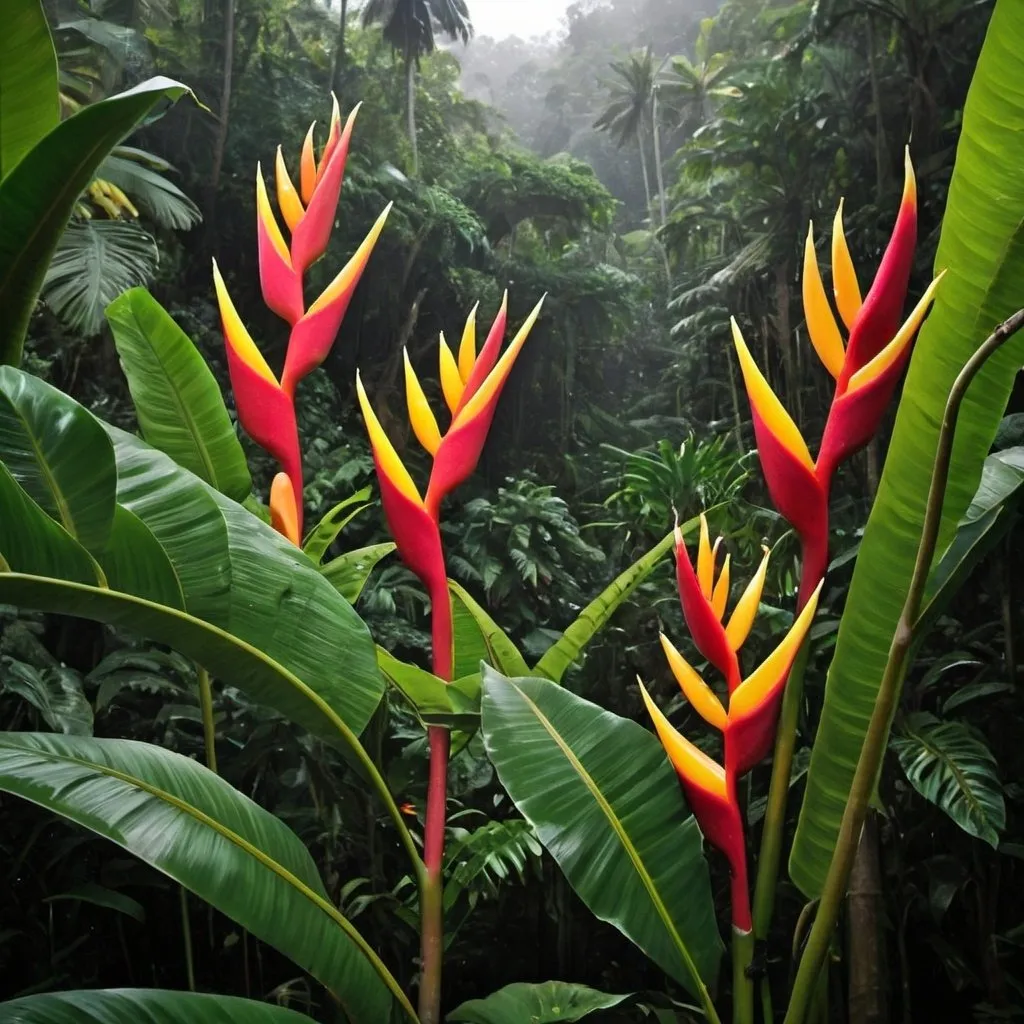 Prompt: crie uma imagem de uma floresta tropical densa onde haja também plantas do genero heliconia, samanbaias, seringueiras