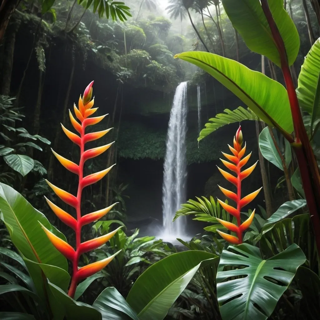 Prompt: crie uma imagem de uma floresta tropical densa onde haja também plantas do genero heliconia, samanbaias, seringueiras e uma cachoeira