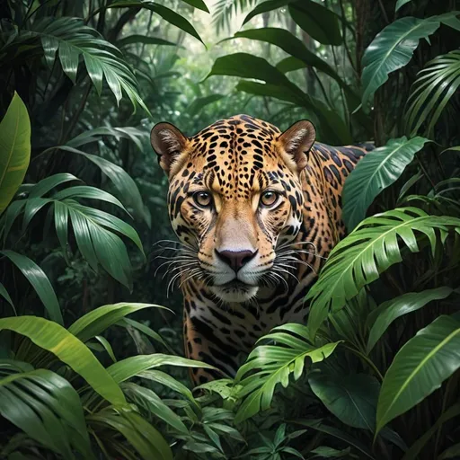 Prompt: create an image of a barely noticeable jaguar hunting in the middle of dense tropical vegetation
