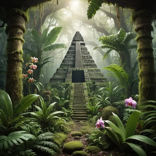 Prompt: create an image of a dense tropical forest where there are orchids, ferns, mosses, rubber trees and a Mayan pyramid and a jaguar