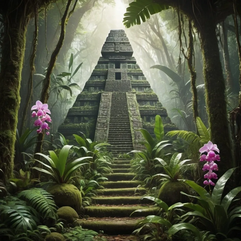 Prompt: create an image of a dense tropical forest where there are also orchids, ferns, mosses, rubber trees and a Mayan pyramid