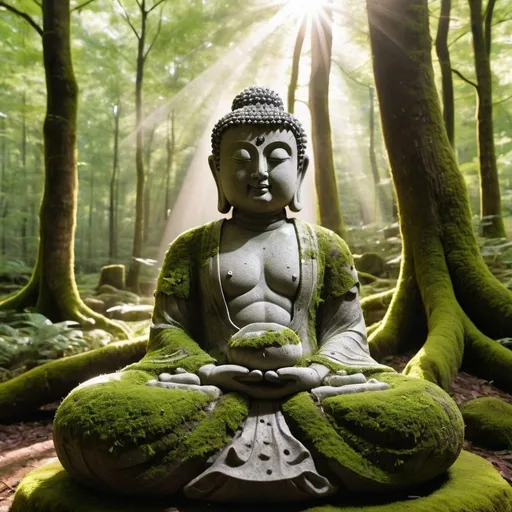 Prompt: Make a figure of a Buddha statue in stone encrusted with moss.
in a forest with sunlight passing through the trees