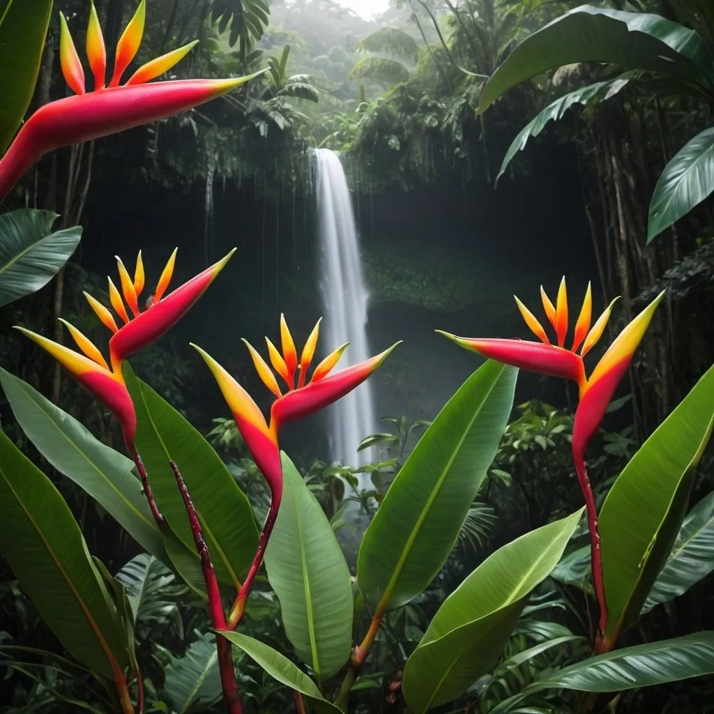Prompt: crie uma imagem de uma floresta tropical densa onde haja também plantas do genero heliconia, samanbaias, seringueiras e uma cachoeira