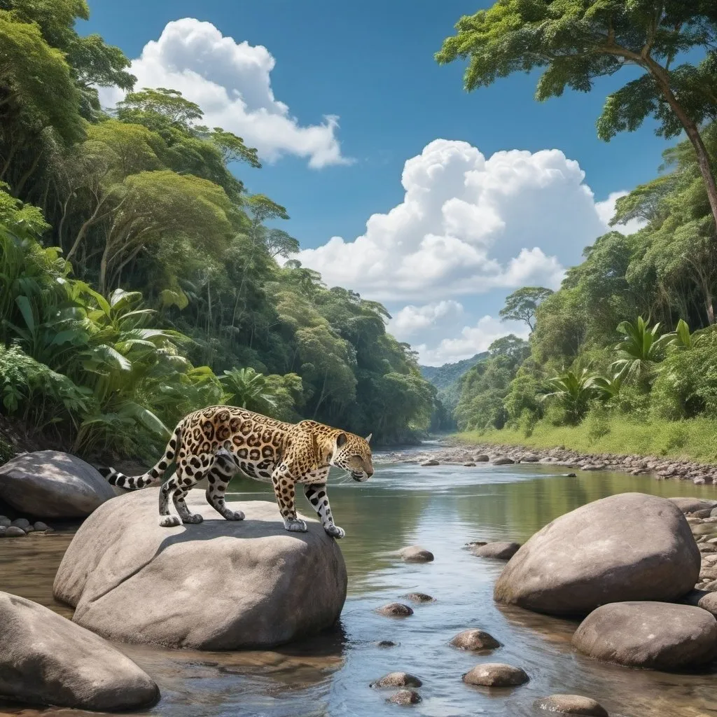 Prompt: Create an image of a river, with rocks, that runs through a tropical forest on a day with blue skies and some clouds. On one of the banks of the river there must be a jaguar drinking water