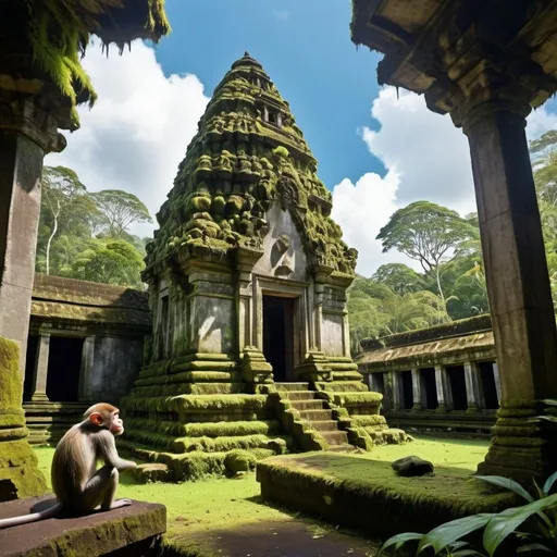 Prompt: Create an image of a dense tropical forest where there is an ancient Indonesian stone building covered in moss and a single small monkey observing the building. The sky should be blue with some clouds