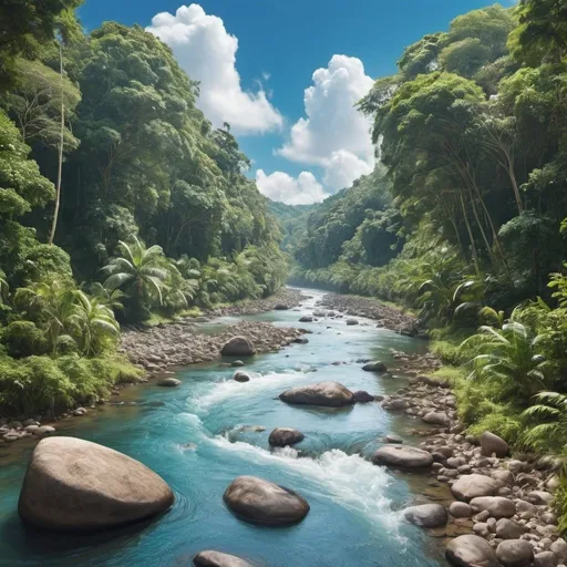 Prompt: create an image of a river, with rocks, that runs through a tropical forest on a day with blue skies and some clouds