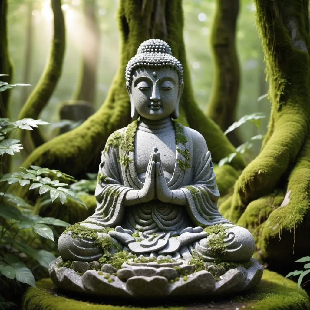 Prompt: Make a figure of a Buddha statue in highly textured granite encrusted with moss, with a quartz crystal in hand.
The statue stands on a textured granite base with three steps and Celtic geometric patterns carved into it.
In a humid forest with many vines at dawn where you can watch the sunlight through the trees with an air of tranquility