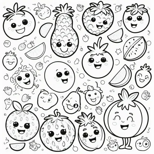 Prompt: A colorful and cheerful cover design for a children's coloring book featuring playful and funny fruits with expressive cartoon faces. The fruits include a smiling strawberry, a winking banana, a laughing pineapple, and a mischievous orange. The background is bright and engaging, with splashes of color, doodles, and playful patterns. The title 'Funny Fruits Coloring Book' is prominently displayed in bold, fun typography at the top, surrounded by playful illustrations of crayons and paint splatters. The overall vibe is vibrant, whimsical, and inviting, appealing to kids of all ages