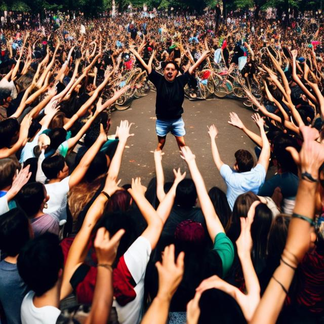 Prompt: Someone winning, standing in the middle of a circle of people with their hands up, in a crowded city park during midday, presented in the style of Street Photography.