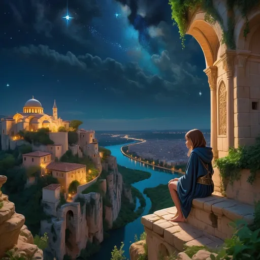 Prompt: A beautiful vast city with Byzantine  architectural elements, greenery and waterways and a hooded girl looking down towards it from the top of a high cliff. The deep blue night sky is filled with glimmering stars. The scene gives off a mystical, magical and starry vibe. 