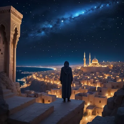 Prompt: A beautiful vast city with Arab and Byzantine  architectural elements combined and a arab guy looking down towards it from the top of a cliff. The deep blue night sky is filled with glimmering stars. The scene gives off a mystical, magical and starry vibe.